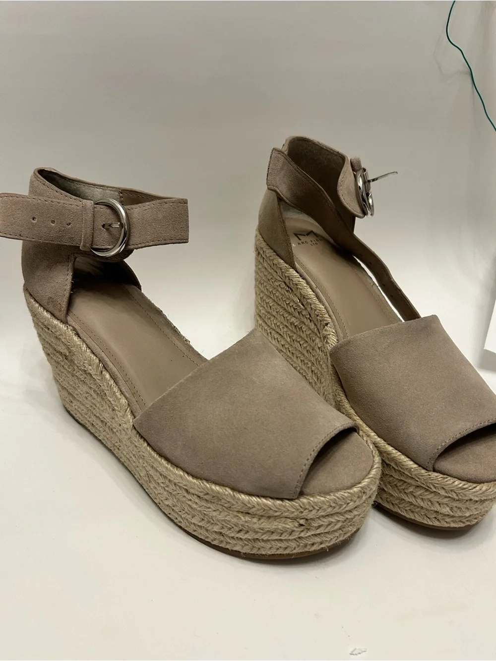 Marc Fisher Taupe Suede Espadrille Wedge Sandals with Ankle Buckle
